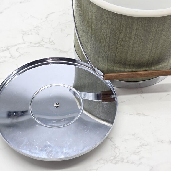 Vintage Kromex Ice Bucket Green Woodgrain Chrome Lid Mid Century Barware USA - Picture 6 of 11